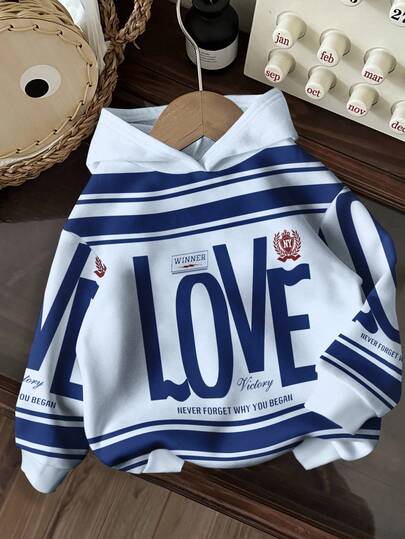 Slaydiva 休闲街头风蓝色爱心印花卫衣，适合秋冬季外出穿着，女士秋季服装