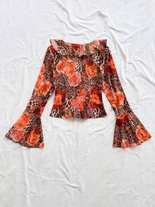 Soleia Women's Chiffon Leopard Print Shirt,All Shades Of Brown,Autumn,Boho,Tea Party,Holiday Ruffle Tie Top For Wedding,Beach,Music Festival,Vacation - Brown - View 2