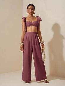 Zivah Beach New Spring And Summer Casual Holiday Bowknot Shoulder Straps Chest-Wrapped Heart Collar Cropped Top + Wide-Leg Super Trousers Apricot Women's Two Pieces Se,Textured Fabric Material
