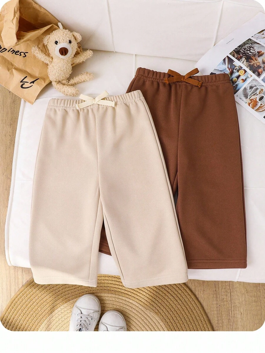 2 pièces Pantalons larges à jambes amples doublés thermiques gris et noirs pour bébés garçons, taille à cordon de serrage contrastant, polyvalents et décontractés pour l'école, la maison, les sorties, mode pour l'automne/l'hiver - Kaki - Voir 1