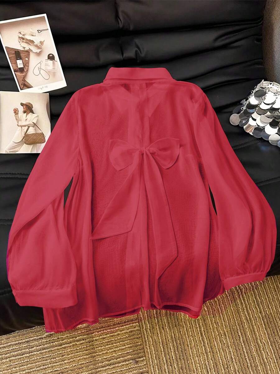 SHEIN Clasi 休闲白色透明蝴蝶结衬衫 - 西瓜粉 - 查看 1