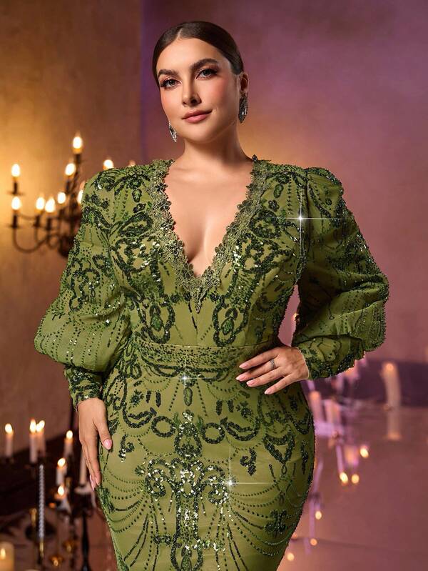 Glamrae Vestido plus size elegante, sexy, verde abacate, decote profundo, transparente, manga comprida, apliques florais, lantejoulas luxuosas, justo, bainha sereia, adequado para casamento, festa, baile de formatura, banquete (design altamente enfeitado)