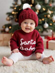 SHEIN 2 pièces Ensemble de tenues de Noël tricotées pour bébé nouveau-né avec chapeau à pompon "Bébé Noël" brodé. Accessoires de photographie pour nouveau-né, tenues pour la rentrée à la maison du bébé