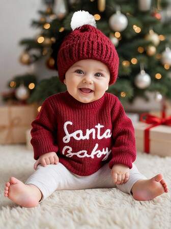 SHEIN 2Pcs Set Knitted Newborn Baby Christmas Outfits With Pompom Hat "Santa Baby" Embroidery Newborn Photography Props Baby Coming Home Outfits