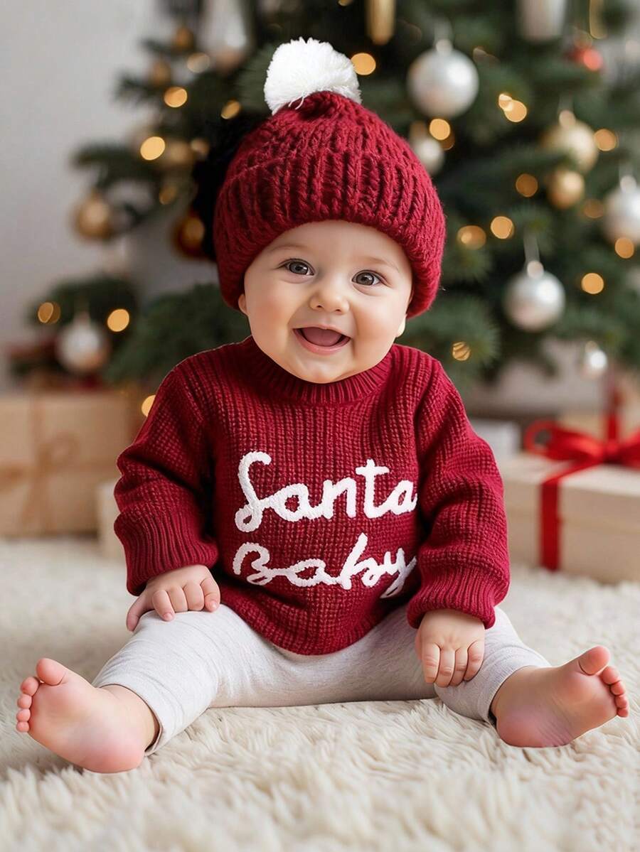 SHEIN 2 pièces Ensemble de tenues de Noël tricotées pour bébé nouveau-né avec chapeau à pompon "Bébé Noël" brodé. Accessoires de photographie pour nouveau-né, tenues pour la rentrée à la maison du bébé