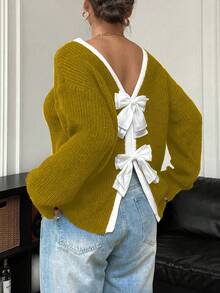 Elenzga Sweater Lengan Panjang Kerah Bulat Kasual Wanita Ukuran Besar dengan Pita, Musim Gugur/Musim Dingin - Mustard Yellow - View 2