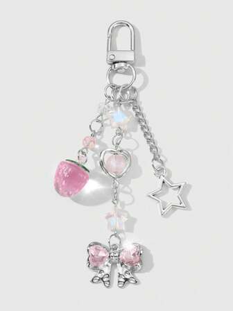 Kawaii 1 pezzo Stile Ins Ciondolo portachiavi elegante e carino per ragazze, in catena d'argento di alta qualità, con fiocco in nastro rosa, perle finte e stella in acrilico, adatto per donne e ragazze, per uso quotidiano e regalo per San Valentino