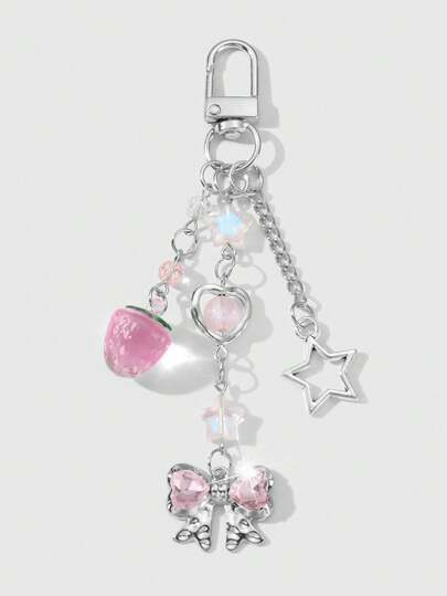 Kawaii 1 pezzo Stile Ins Ciondolo portachiavi elegante e carino per ragazze, in catena d'argento di alta qualità, con fiocco in nastro rosa, perle finte e stella in acrilico, adatto per donne e ragazze, per uso quotidiano e regalo per San Valentino