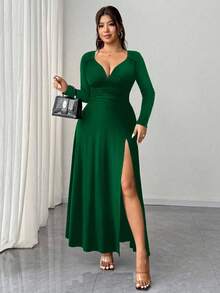 Elenzga Plus Size Women's Elegant Solid V-Neck High Stretch Bodycon Long Sleeve Party Dress, Fashionable Split Design, Versatile - Green - View 6