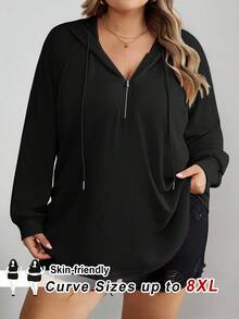 SHEIN CURVE+ Curves Plus Size/Chool Clothes/Back To School Clothes /Back To SchoolPlus Size Pink Half Zip Sweatshirt Pullover Sweatshirt, Suitable For Autumn Plus Size Sweatshirts Women Plus Size Sweatshirts 8xl Women Clothes 6xl Plus Womans Clothes Women Curve Plus Clothing, Fall Clothes For Womenfall Clothes For Women, Winter, CURVE PLUS - Black - View 6