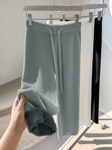 Franclia 全新女式高腰抽绳休闲直筒裤，保暖内衬厚针织长裤 - 深灰色 - 查看 6