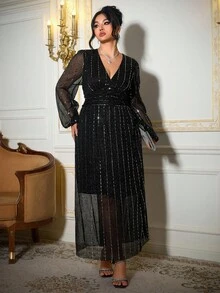 Roveilla 大码女式亮片褶皱长款派对连衣裙 - 黑色 - 查看 3