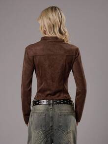 TRNVIE 1pc Women's Thin Jacket, Brown Suede Fleece Stand Collar Slim Fit Pockets Zipper Closure Long Sleeve Casual Versatile, Autumn/Winter