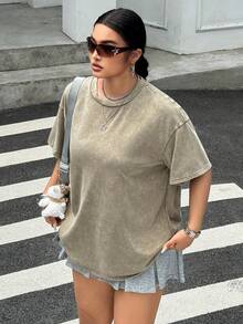 SHEIN EZwear 加大码酸洗外观复古针织做旧宽松短袖 T 恤 - 駝色 - 查看 4