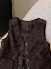 Resyla Women's Solid Color Minimalist Design Sleeveless Pocket Short Jacket, Versatile For Autumn/Winter - Brown - View 4
