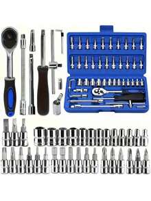 46 件棘轮扳手套装，男士工具套件，含六角扳手和套筒，工具箱，汽车机械工具，1/4 英寸驱动，公制，带延长杆，紧凑型多用途解决方案，适用于自行车和摩托车维护、汽车维修和家庭使用，钢板结构，预组装，手动，带储物盒 - 顏色款式隨機 - 查看 7