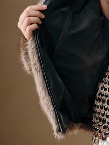 Anewsta Plus Size Women Retro Faux Fur Zipper Jacket - Brown - View 8