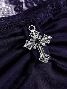 ROMWE Gothic Cross Lace Patchwork Square Neck Flare Sleeve Blouse, Purple - Navy Blue - View 2