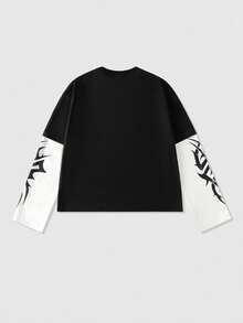 ROMWE MEN Street Life Men Patchwork 2 In 1 Print Long Sleeve Punk T-Shirt, Loose Cropped Style, Fall - Black - View 2