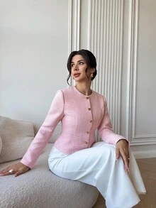 Firerie Áo khoác ngắn bằng len pha họa tiết cổ tròn, eo kim loại, viền chữ A, tay dài, thanh lịch, tinh tế, tối giản, lãng mạn dành cho nữ, thời trang đường phố đi làm và hẹn hò, màu hồng vào mùa thu/đông - Hồng - Xem 6