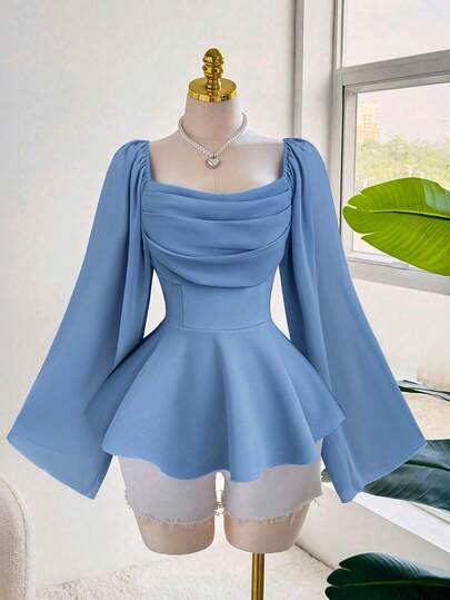 Sweetra 大码女式优雅浪漫休闲日常法式领雪纺喇叭袖松紧腰喇叭衬衫，春秋季