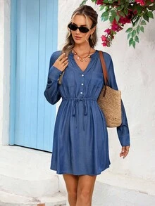 Vivid Eden Vestido casual de mujer de unicolor con cuello en V, manga larga, cintura con cordón y botones en la mitad del delantero - Azul - Ver 5