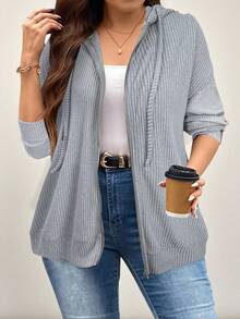 SHEIN LUNE 大码女式纯色落肩长袖拉链前抽绳连帽休闲运动衫，秋季 - 淺灰色 - 查看 1