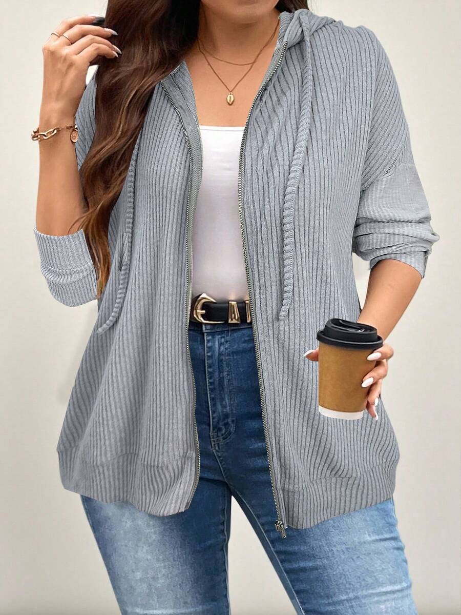 SHEIN LUNE 大码女式纯色落肩长袖拉链前抽绳连帽休闲运动衫,秋季 - 淺灰色 - 查看 1