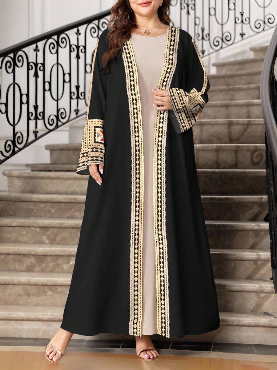 SHEIN Najma 大码女式简约几何图案数码印花长袖休闲阿拉伯长袍,春秋季 - 彩色 - 查看 1