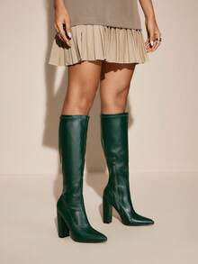 Daringsoles Pointed Toe Chunky Heel Autumn/Winter Boots, Elastic Tight Fitting Black Side Zipper Sexy Women's Over-The-Knee Leather Boots For Christmas - Green - View 11