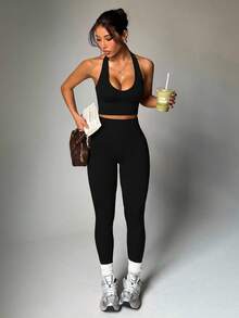 Dewbera Dewbera Women's Solid Color Cropped Halter Neck Tank Top And High Waist Leggings Sports Set - Black - View 6