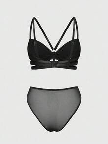 ROMWE Grunge Punk Bộ đồ lót nữ lót PU có gọng và quần lót tam giác phong cách Punk tối màu - màu đen - Xem 2