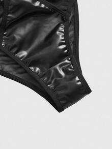 ROMWE Grunge Punk Bộ đồ lót nữ lót PU có gọng và quần lót tam giác phong cách Punk tối màu - màu đen - Xem 4