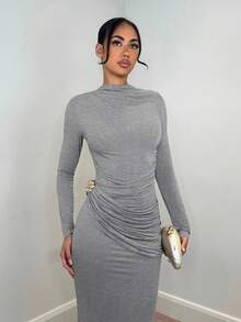 SHEIN BAE 优雅女士长袖连衣裙，带有金属装饰，适合日常穿着、约会、郊游、夜总会、派对和聚会 - 淺灰色 - 查看 3