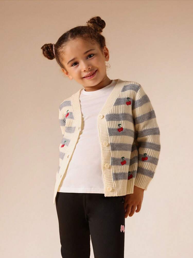 Striped Cherry Print Cardigan With Button Front