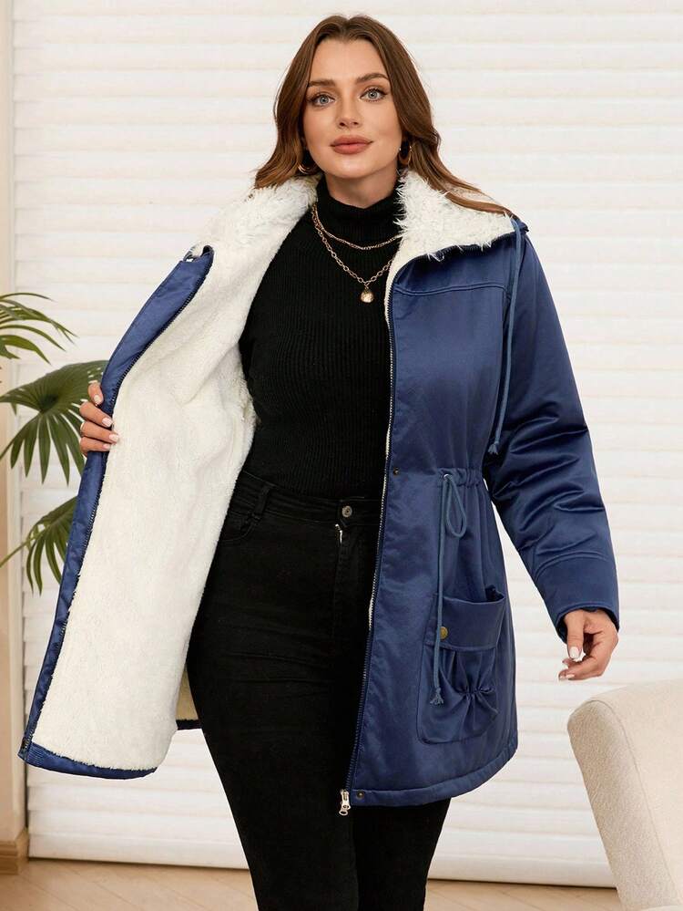 Plus Size Women Winter Casual Solid Color Zip-Up Fuzzy Inside Warm Drawstring Waist Thermal Lined Padded Coat With Pockets,Autumn/Winter,Going Out Outfits,2025 New Clothes,Simple And Fashionable For Everyday Wear, Plus Size Winter Clothes,Blue Jacket
