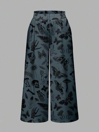 Plus Size Women Gothic Dark Mysterious Witch Skull Moth Plant Butterfly Mushroom Leaf Print Loose Wide Leg Pants