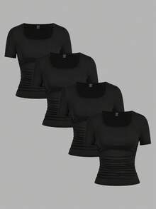 SHEIN EZwear 4 件套黑色休闲简约纯色舒适圆领短袖 T 恤女士，适合春夏季 - 黑色 - 查看 2