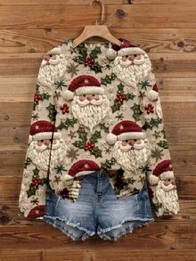 EMERY ROSE Plus Size Women Santa Claus Print Casual Long Sleeve Pullover Sweater/Christmas - Multicolor - View 5