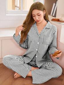 SHEIN 黑色条纹翻领上衣和裤子宽松休闲女式睡衣套装，秋冬服装 - 藏蓝色 - 查看 3