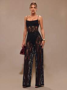 SHEIN BAE Bộ đồ liền thân ren trong suốt hở lưng màu đen tinh khiết, đồ lót nữ thanh lịch, trang phục hẹn hò hàng ngày, trang phục đi chơi, trang phục dự tiệc, bộ đồ liền thân ống rộng bất đối xứng, bộ đồ liền thân ngày lễ tình nhân, bộ đồ liền thân thường ngày, bộ đồ liền thân thanh lịch, bộ đồ liền thân hở lưng - màu đen - Xem 5