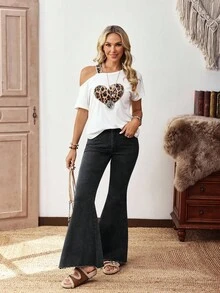 EMERY ROSE 女式休闲时尚街头毛边喇叭牛仔裤 - 黑色 - 查看 7