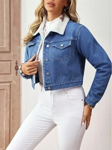 EMERY ROSE 女式纯色保暖内衬前扣牛仔夹克和外套，秋冬 - 藍色 - 查看 3