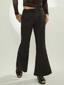 FeverCity Men Striped Flared Casual Pants With Pockets, Fall - Black - View 5