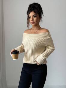 SHEIN Elenzya Elegant Minimalist Solid Color Ribbed Knit Off-Shoulder Sweater, Autumn/Winter - Apricot - View 5