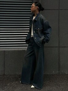 DAZY Women's Loose Denim Jacket With Collar And Straight-Leg Denim Pants Casual Denim Set - Medium Wash - View 1