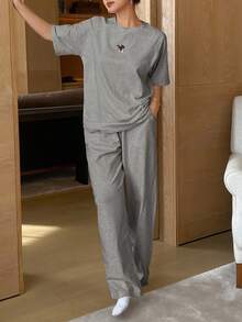 DAZY 2件套可爱卡通印花插肩袖短袖T恤和宽松裤子睡衣套装 - 灰色 - 查看 3