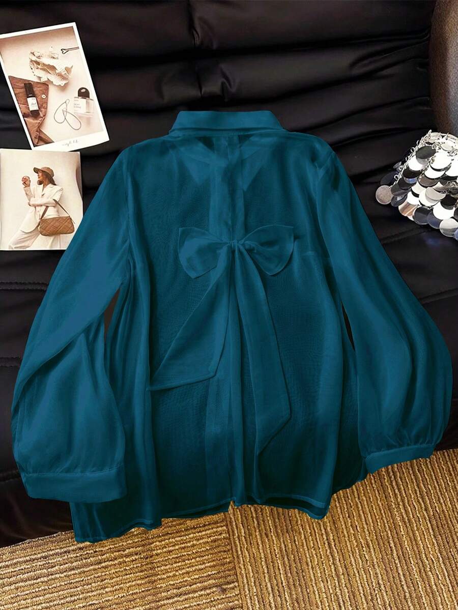 SHEIN Clasi 休闲白色透明衬衫，带蝴蝶结装饰 - 霧霾藍 - 查看 1