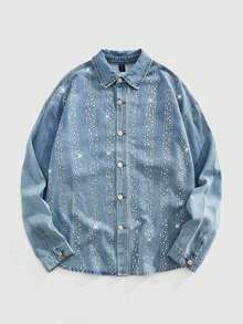 ROMWE MEN Street Life Men's Rhinestone Embellished Front Button Casual Long Sleeve Denim Shirt - Blue - View 1