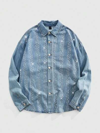 Street Life Herren Denim-Hemd mit Knöpfen und Strass-Verzierung, Langarm, Lässig